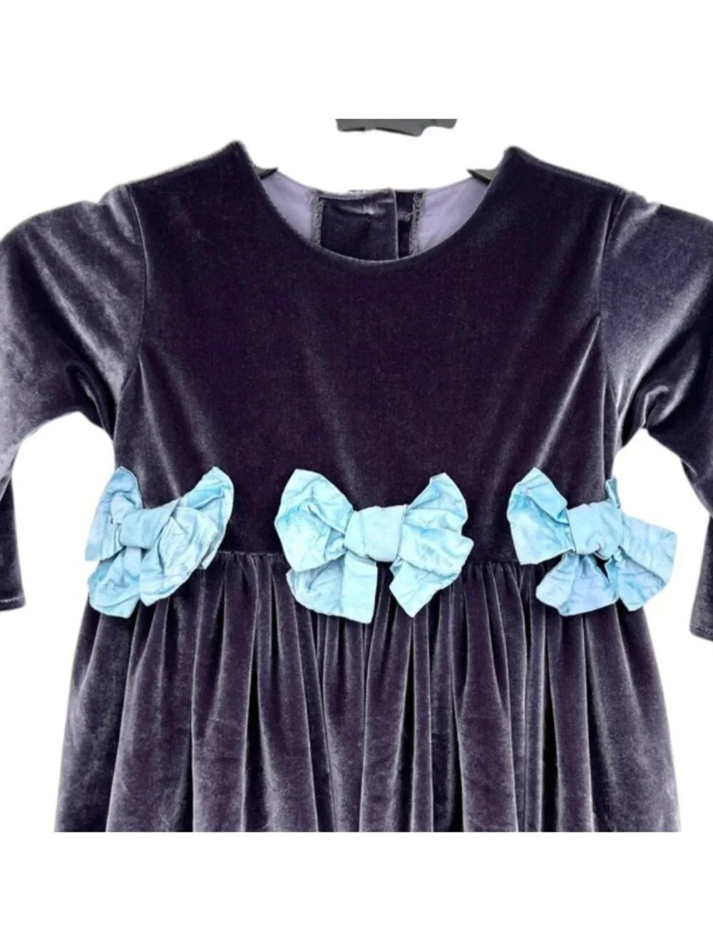 Mademoiselle Charlotte Velvet Gray Dress Blue Bow Accents Long Sleeves Size 2T